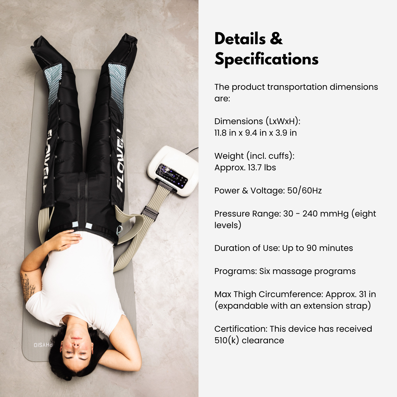Person using a massage device with product details on the right side.