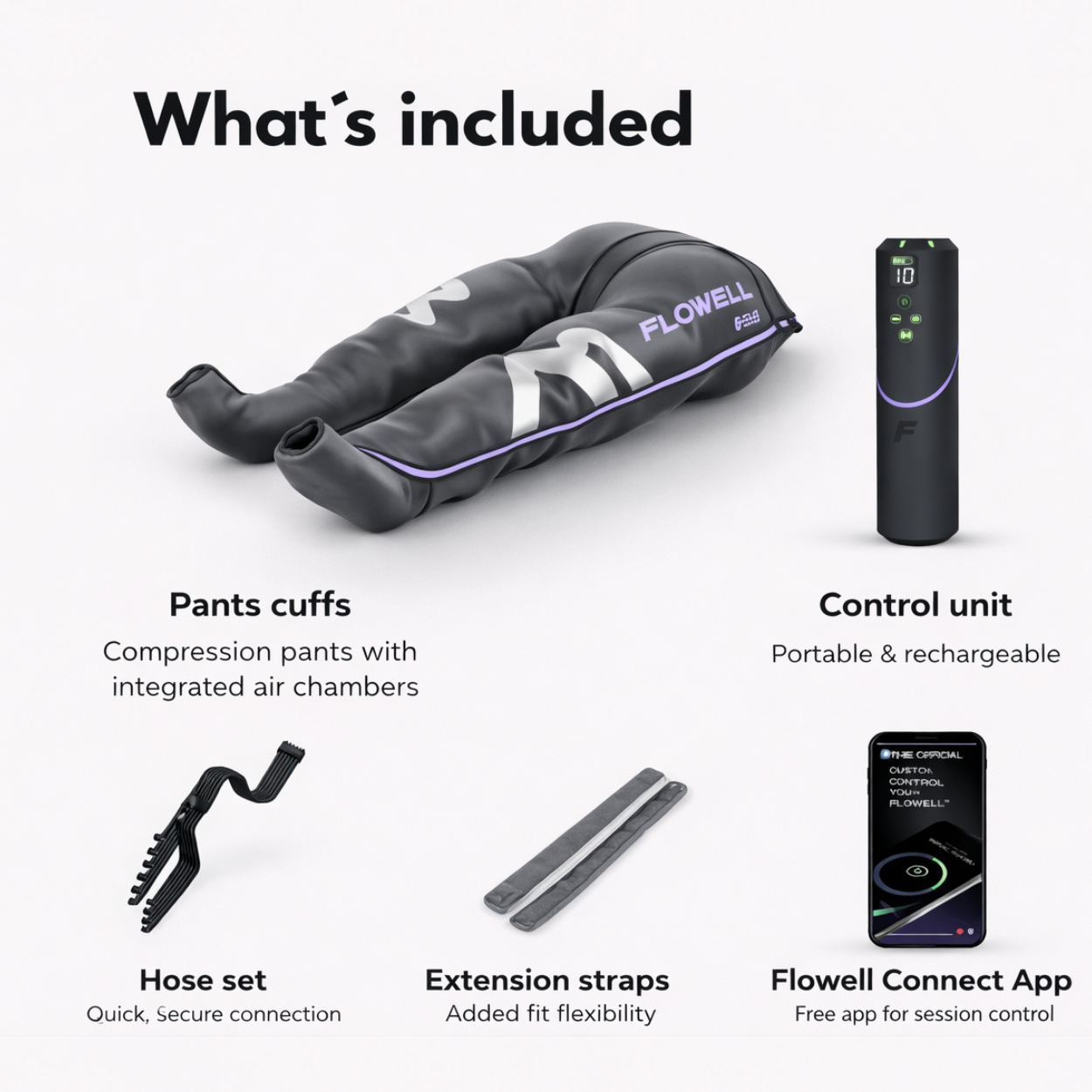 Flowell compression pants with air chambers, control unit, hose set, extension straps, and Flowell Connect App on a white background.