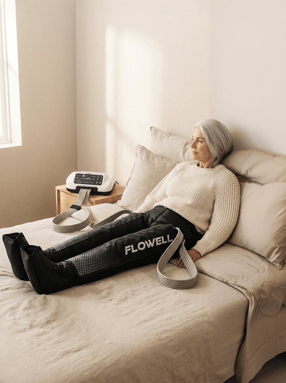 Flowell: Woman using a Flowell leg compression device in bed