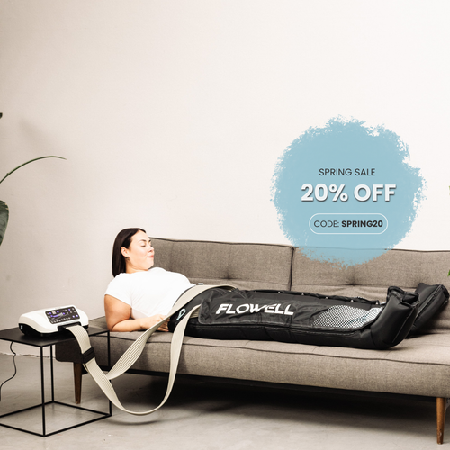 Flowell: Woman using a Flowell product on a couch with a spring sale promotion overlay.