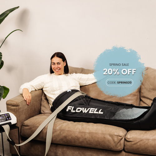 Flowell: Woman using a Flowell massage device on a couch with a spring sale promotion overlay.