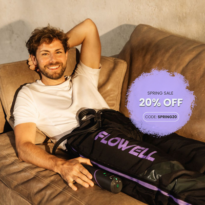 Flowell: Man lying on a couch with a Flowell product, promotional text overlay for a 20% off spring sale.
