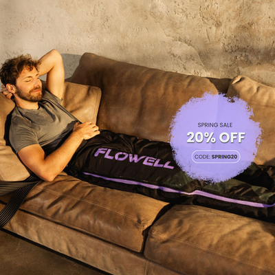 Flowell: Man lying on a brown couch with a Flowell product, promotional text overlay for a 20% off spring sale.