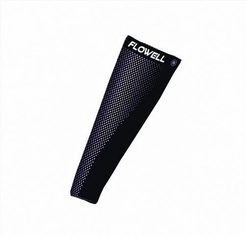 Black leg sleeve with white text on a white background