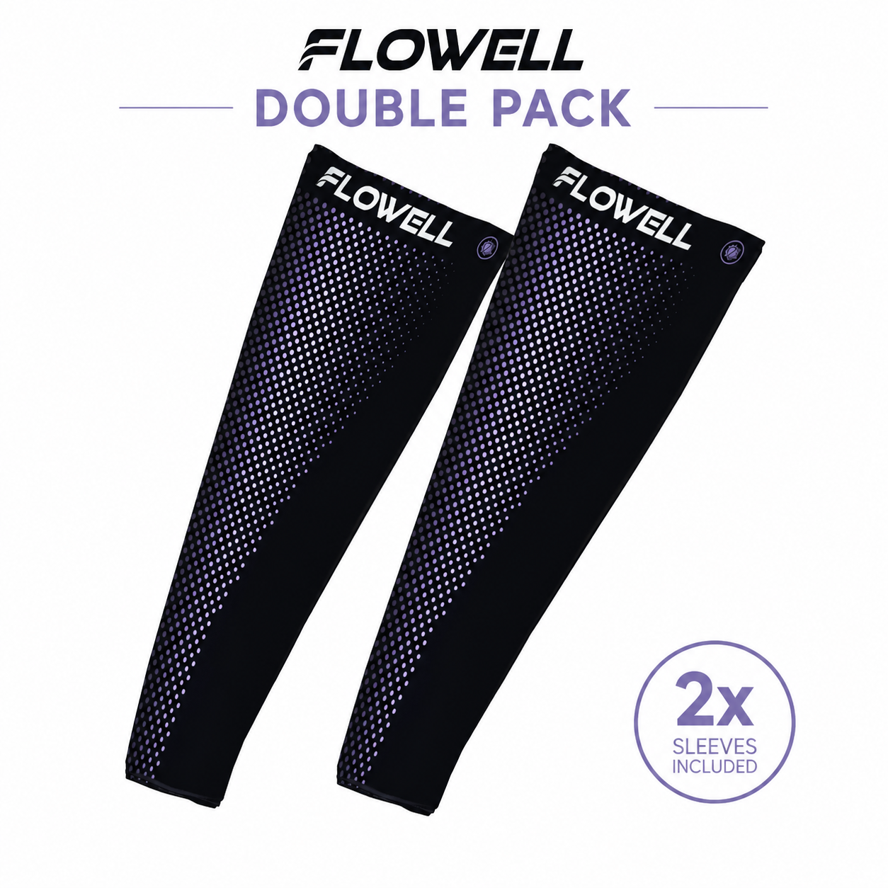 Two black leg sleeves with 'Flowell' branding on a white background