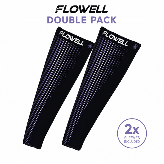 Two black leg sleeves with 'Flowell' branding on a white background