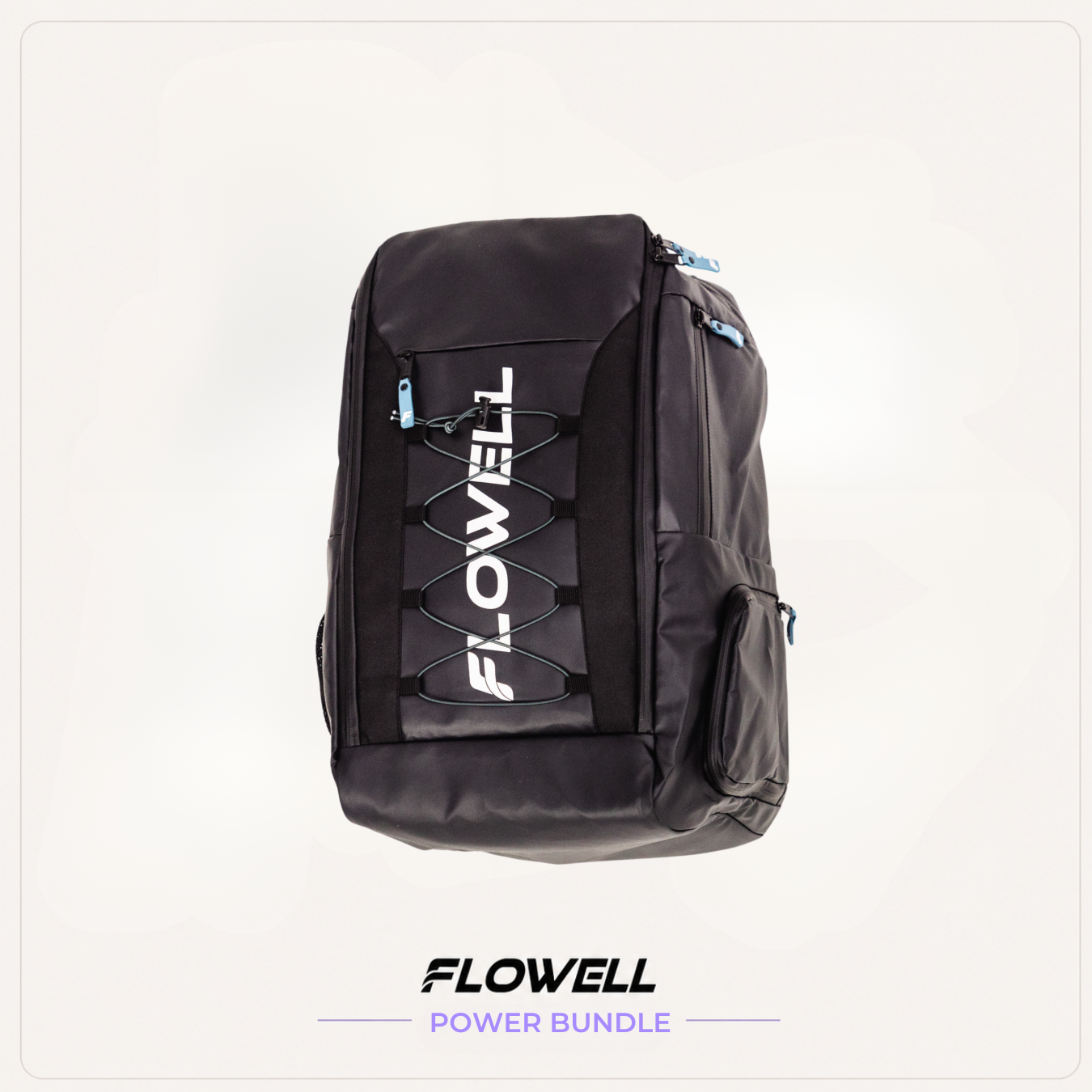 Flowell: Black backpack with 'Flowell' branding on a white background