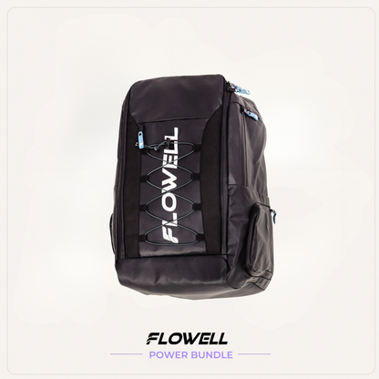 Flowell: Black backpack with 'Flowell' branding on a white background