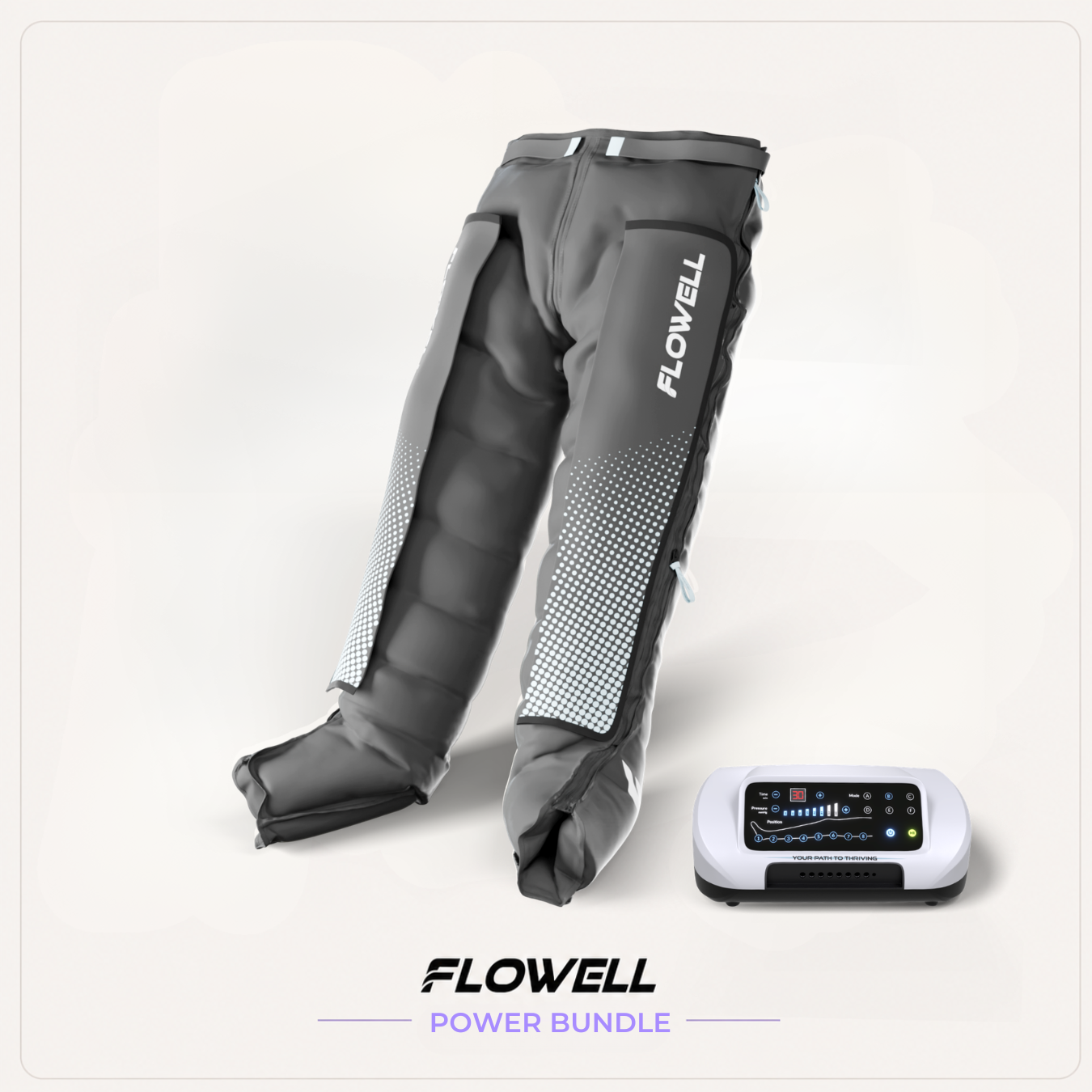 Flowell: Gray compression leggings with Flowell branding and a power device on a white background