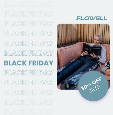 Person sitting on a couch with a book, surrounded by 'Black Friday' text and Flowell branding.