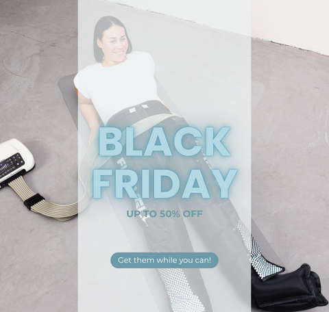 Woman using a fitness device with Flowell branding and Black Friday promotion text.