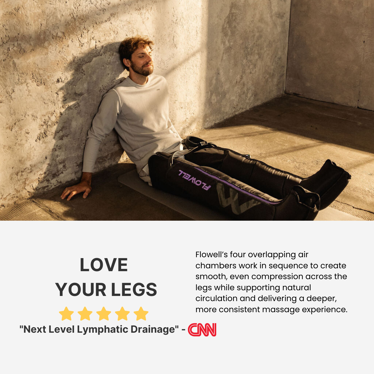 Man lying on a mat with a compression garment, leaning against a wall.