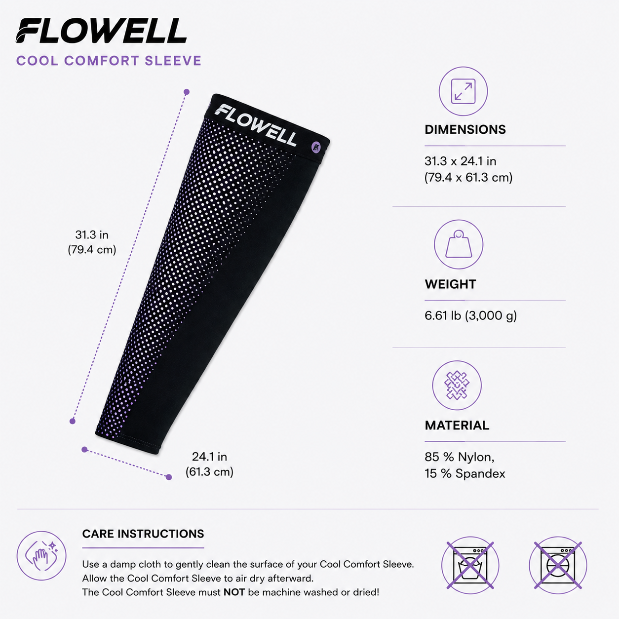 Flowell: Flowell Cool Comfort Sleeve with dimensions, weight, material, and care instructions on a white background