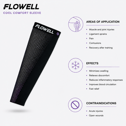 Flowell: Flowell cool comfort sleeve with application, effects, and contraindication information on a white background.