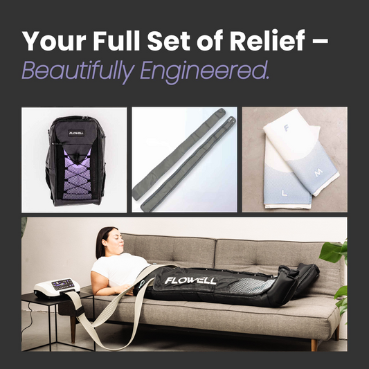 Flowell Essentials Bundle - Product set with backpack, extension straps, thermosleeve and Home Pants Set on a couch