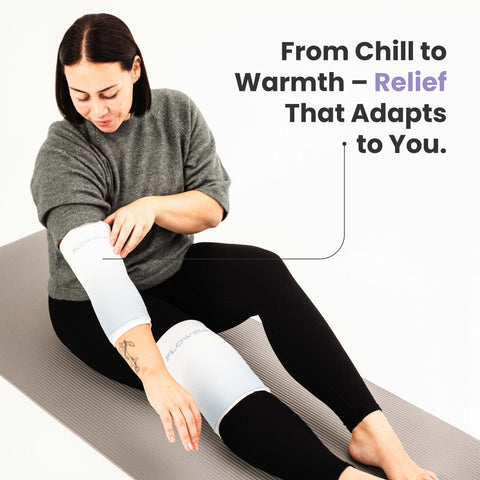 Flowell Essentials Bundle - woman wearing Flowell thermosleeves. From chill to warmth - relief that adapts to you