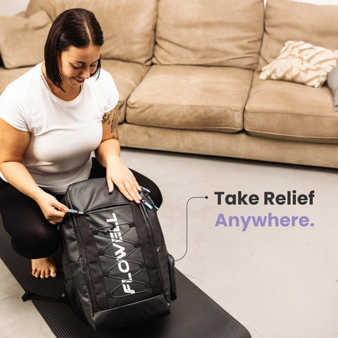 Flowell Essentials Bundle - woman packing her Flowell Pro Gear backpack. Take relief anywhere