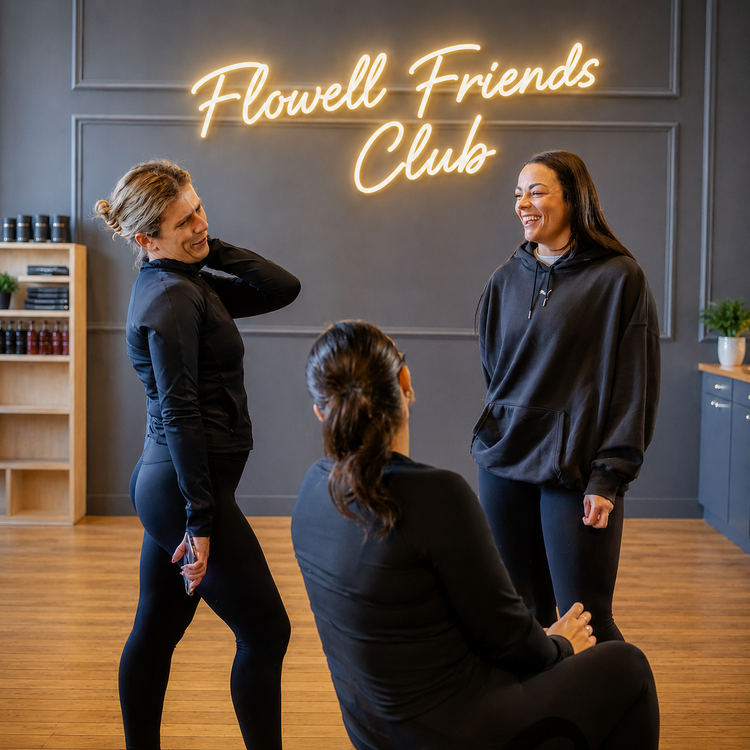 Flowell: Three women in black activewear and loungewear pose in a modern gym or lounge space with a glowing 'Flowell Friends Club' neon sign on a dark gray wall.