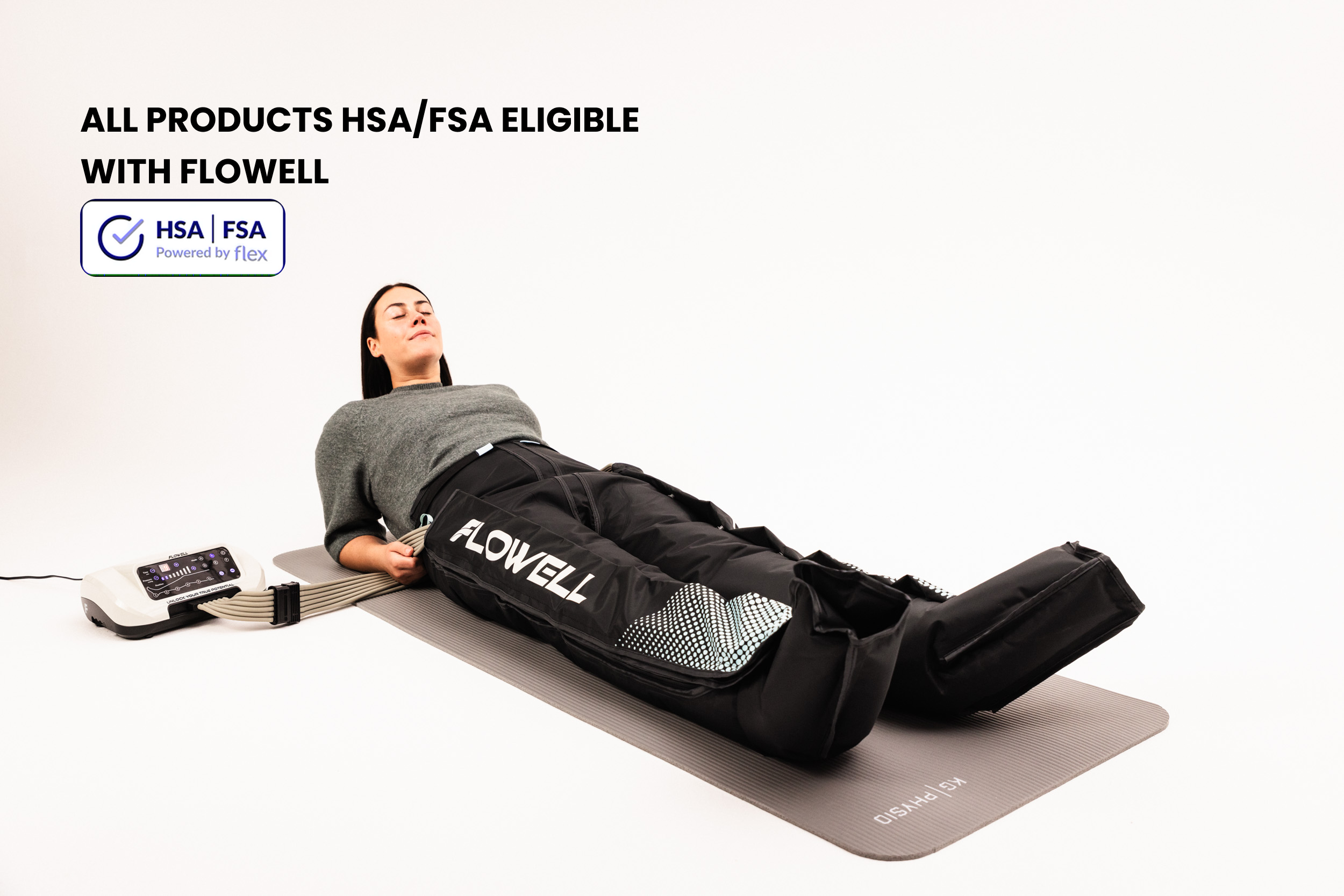 Flowell - Woman laying on floor wearing Flowell Home Deluxe Pants. All products HSA and FSA Eligible with Flowell. HSA FSA powered by Flex