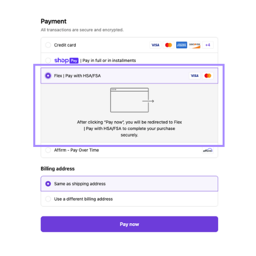 Flowell - Diagram showing how customers can pay using their HSA and FSA funds at checkout using the "Flex" payment option