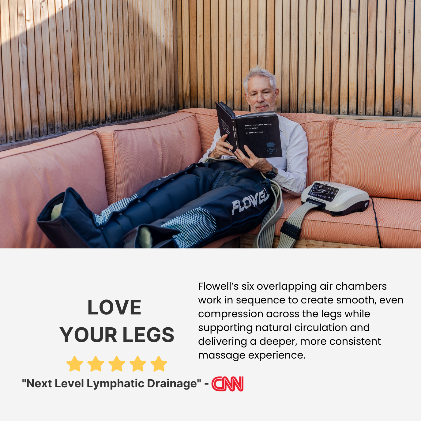 Man sitting on a couch with a compression garment, reading a book, with text about the garment's features and benefits.