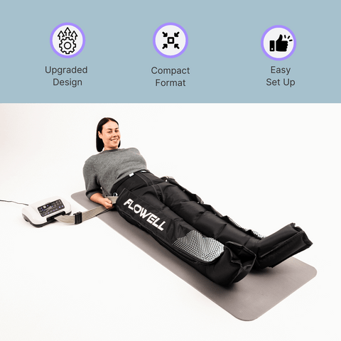 Flowell Home Deluxe Pants Set - Woman laying on floor wearing Flowell Home Deluxe Pants Set. Upgraded design. Compact format. Easy set up