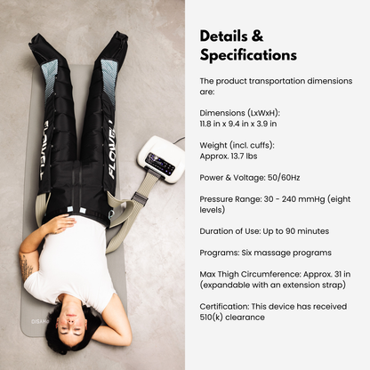 Person using a massage device with product details on the right side.