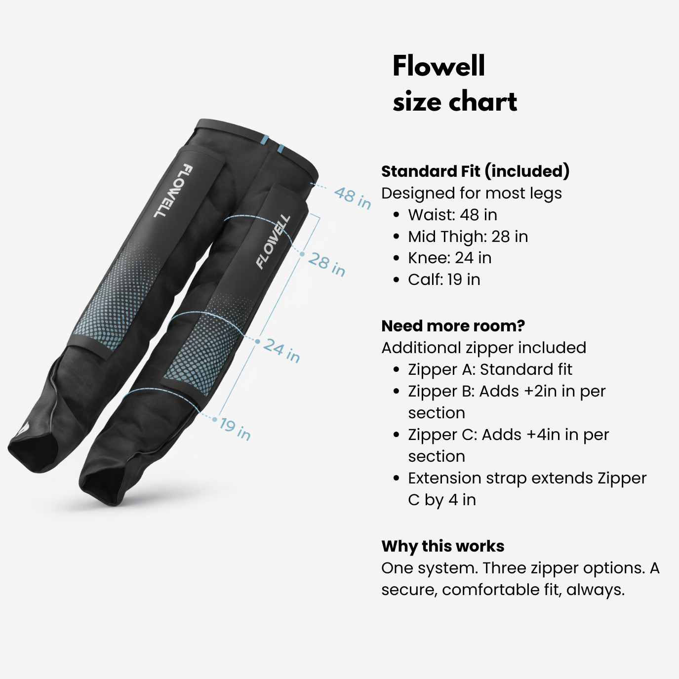 Flowell size chart with black leg sleeves and measurements on a white background