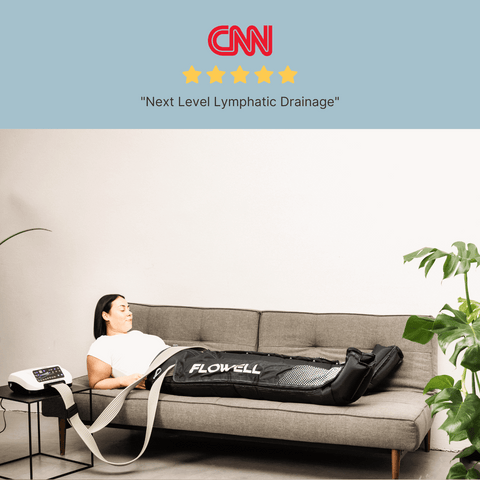 Flowell Home Pants Set - Woman laying on couch wearing Flowell Home Pants Set in black and light blue. "Next level Lymphatic Drainage" - CNN