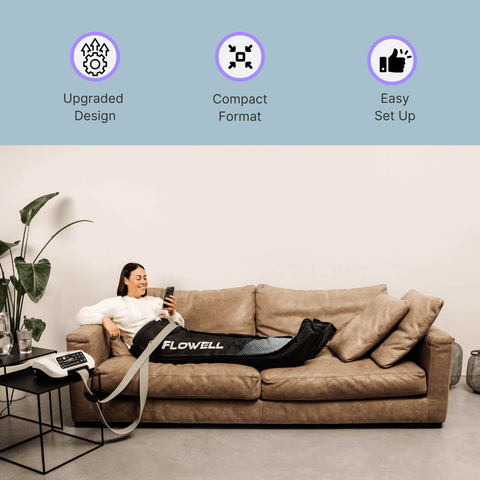 Flowell Home Pants Set - Woman laying on couch wearing Flowell Home Pants Set and looking at her phone. Upgraded design. Compact format. Easy set up