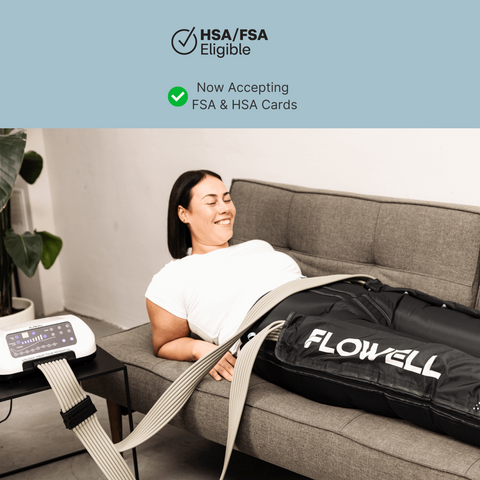 Flowell Home Pants Set - Woman laying on couch wearing Flowell Home Pants Set with it's control unit by her side. Now Accepting HSA and FSA Payments