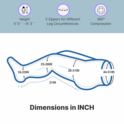 Flowell Home Pants Set - Sizing illustration: 44 to 51 inch waist circumference. 26 to 31 upper leg circumference. 23 to 28 inch lower leg circumference. 18 to 3 inch ankle circumference. 31 inch inseam. Height 5 foot to 6 foot 3 inches. Comes with 3 zippers for different circumferences. Full 360 degree compression 