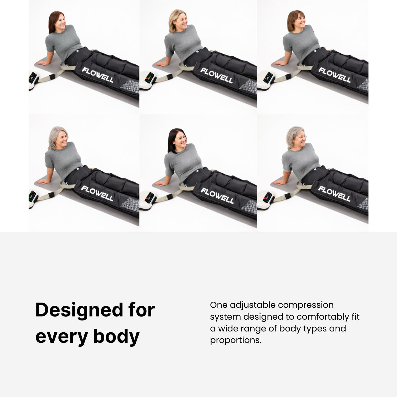 Woman using a Flowell compression garment in various poses on a white background