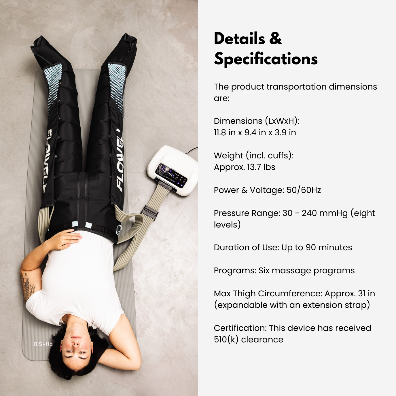 Person using a massage device with product details on the right side.