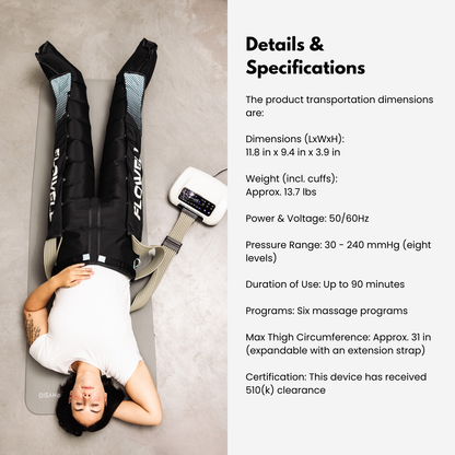 Person using a massage device with product details on the right side.