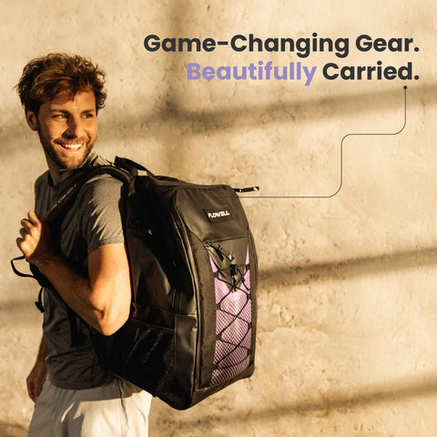 Flowell Limitless Bundle - Man wearing Flowell Pro Gear Backpack in purple. Game-changing gear. Beautifully carried
