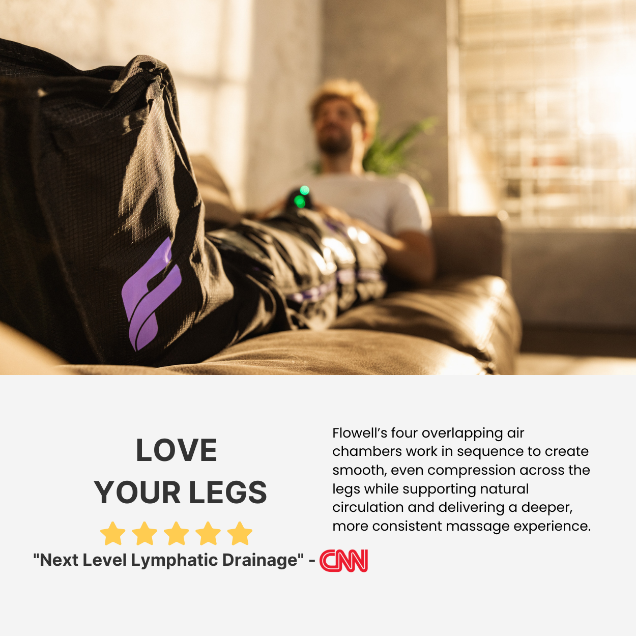 Person lying on a couch with compression stockings on, featuring CNN endorsement.