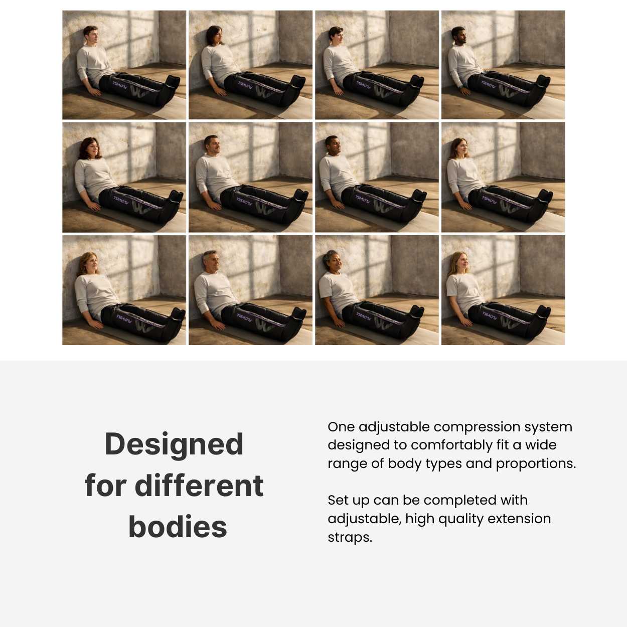Grid of images showing a person using an inflatable compression device in various positions.