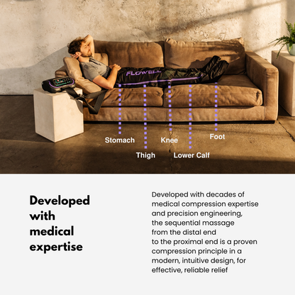 Person using a massage device on a brown couch with labeled massage points.
