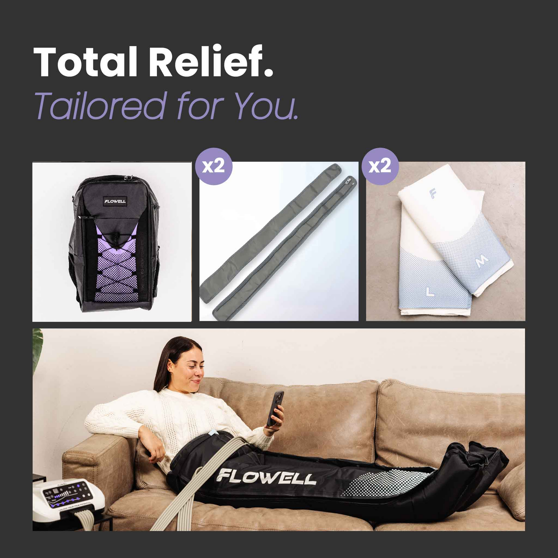 Flowell Prime Luxe Bundle - Product set with backpack, 2 extension straps, 2 thermosleeves and Home Deluxe Pants Set on a couch