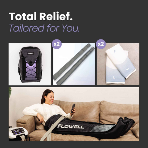 Flowell Prime Luxe Bundle - Product set with backpack, 2 extension straps, 2 thermosleeves and Home Deluxe Pants Set on a couch