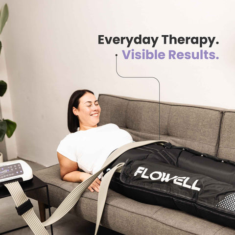 Flowell Prime Luxe Bundle - Woman wearing Flowell Home Pants set on a grey couch. Everyday therapy. Visible results