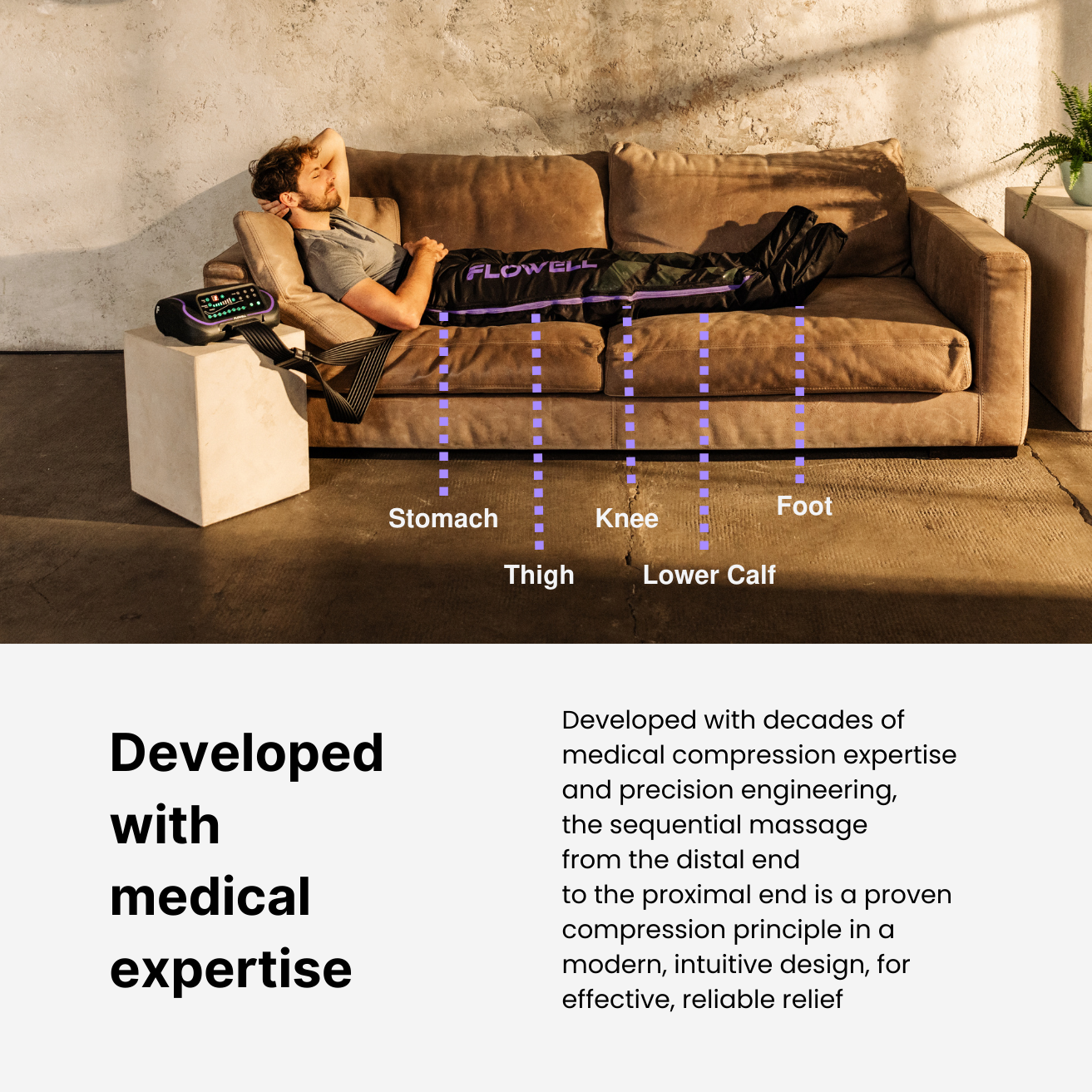 Person using a massage device on a couch with labeled parts, set against a neutral background.