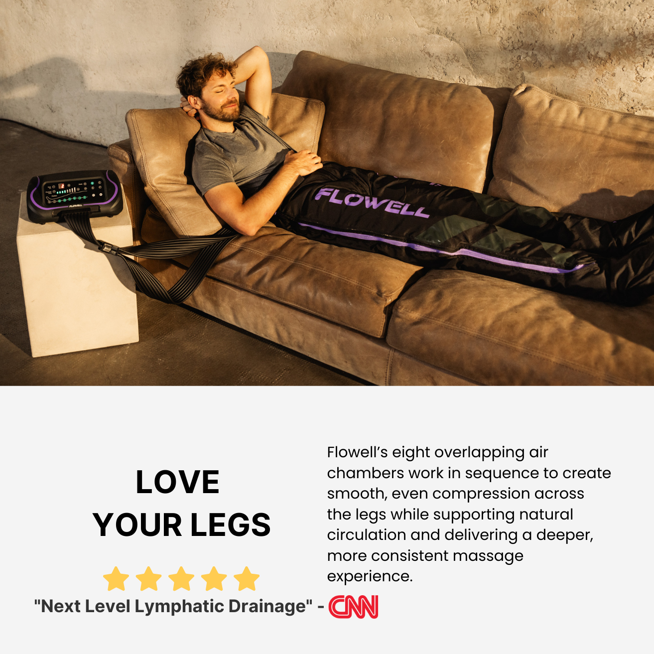Person using a Flowell leg compression device on a couch with product details and CNN endorsement.