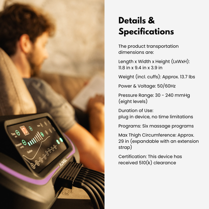 Person using a massage device with product details on the right side.