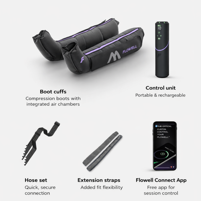 Flowell compression boot system with boot cuffs, control unit, hose set, extension straps, and Flowell Connect App on a white background.
