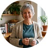 Flowell: Woman holding a mug in a cozy home setting with plants and books.