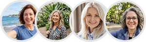 Flowell: Four circular profile pictures of women with scenic backgrounds