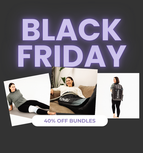 Flowell Black Friday advertisement with promotional text and images of people using a product.